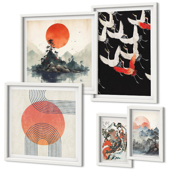 Conjunto de 5 quadros decorativos arte japonesa tradição da natureza