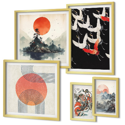 Conjunto de 5 quadros decorativos arte japonesa tradição da natureza