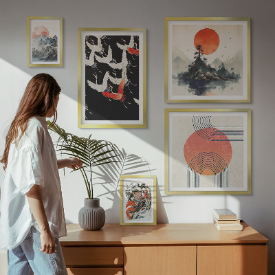 Conjunto de 5 quadros decorativos arte japonesa tradição da natureza