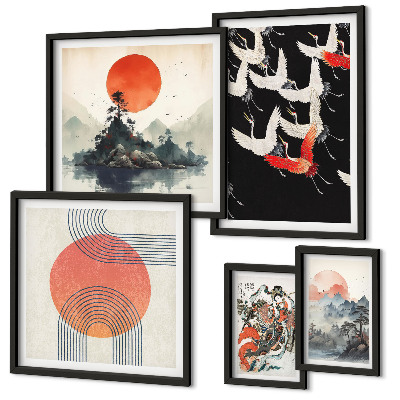 Conjunto de 5 quadros decorativos arte japonesa tradição da natureza
