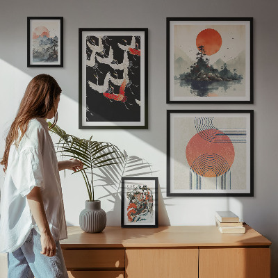 Conjunto de 5 quadros decorativos arte japonesa tradição da natureza