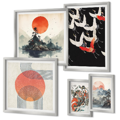 Conjunto de 5 quadros decorativos arte japonesa tradição da natureza