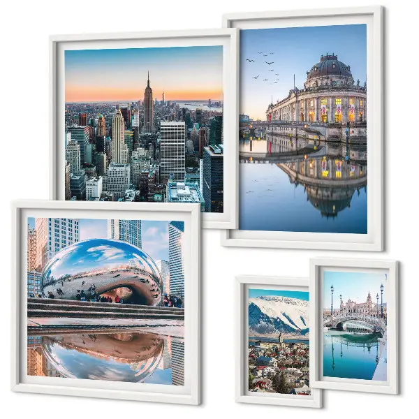 Galeria de parede com paisagens urbanas de arquitetura e natureza