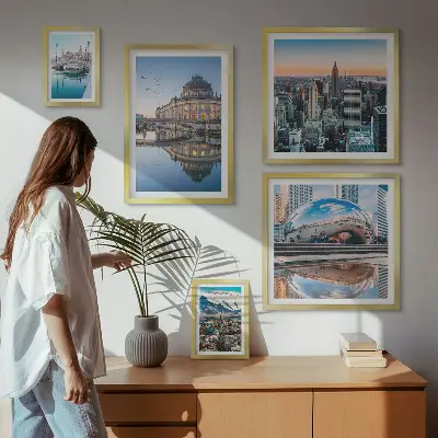 Galeria de parede com paisagens urbanas de arquitetura e natureza