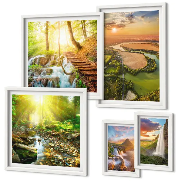 Conjunto de 5 quadros com moldura de paisagens com cachoeiras e vales