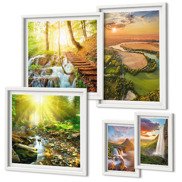 Conjunto de 5 quadros com moldura Paisagens, cachoeiras, vales