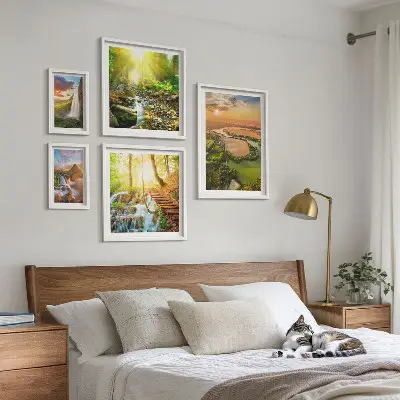 Conjunto de 5 quadros com moldura de paisagens com cachoeiras e vales