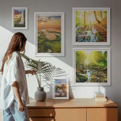 Conjunto de 5 quadros com moldura de paisagens com cachoeiras e vales
