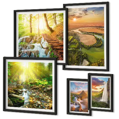 Conjunto de 5 quadros com moldura de paisagens com cachoeiras e vales