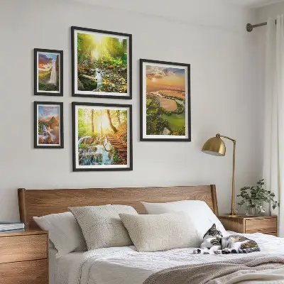 Conjunto de 5 quadros com moldura de paisagens com cachoeiras e vales