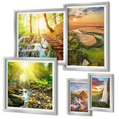 Conjunto de 5 quadros com moldura de paisagens com cachoeiras e vales