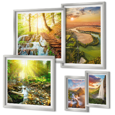 Conjunto de 5 quadros com moldura Paisagens, cachoeiras, vales