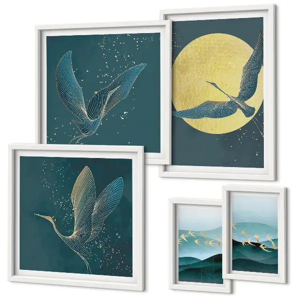 Conjunto de 5 quadros decorativos com estampas de paisagens pássaros e céu noturno e moldura