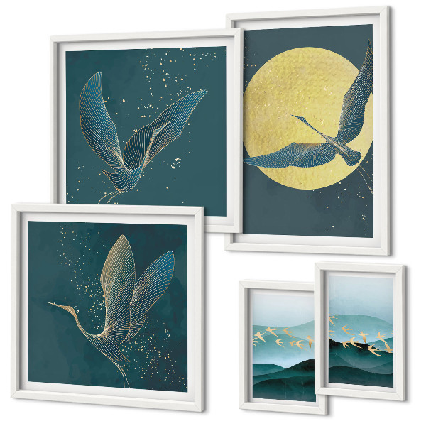 Conjunto de 5 quadros com moldura Paisagens, pássaros, céu noturno