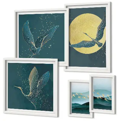 Conjunto de 5 quadros decorativos com estampas de paisagens pássaros e céu noturno e moldura