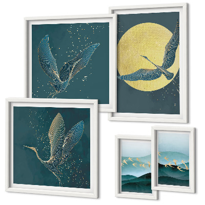 Conjunto de 5 quadros com moldura Paisagens, pássaros, céu noturno
