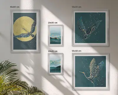 Conjunto de 5 quadros decorativos com estampas de paisagens pássaros e céu noturno e moldura