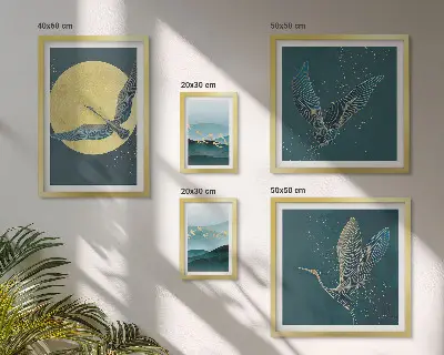 Conjunto de 5 quadros decorativos com estampas de paisagens pássaros e céu noturno e moldura