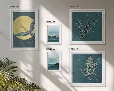 Conjunto de 5 quadros decorativos com estampas de paisagens pássaros e céu noturno e moldura