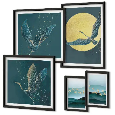Conjunto de 5 quadros decorativos com estampas de paisagens pássaros e céu noturno e moldura
