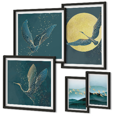 Conjunto de 5 quadros com moldura Paisagens, pássaros, céu noturno
