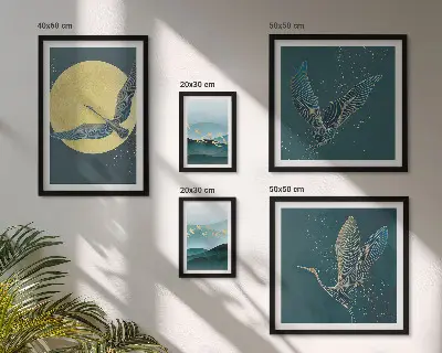 Conjunto de 5 quadros decorativos com estampas de paisagens pássaros e céu noturno e moldura