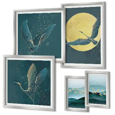 Conjunto de 5 quadros decorativos com estampas de paisagens pássaros e céu noturno e moldura