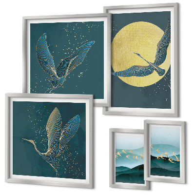 Conjunto de 5 quadros com moldura Paisagens, pássaros, céu noturno
