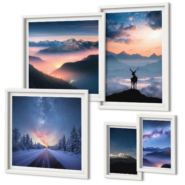 Conjunto de 5 quadros decorativos Paisagens montanhosas à noite