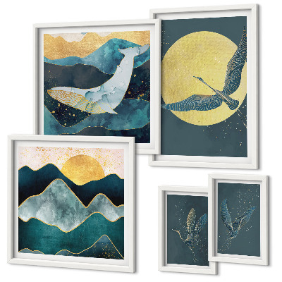 Conjunto de 5 quadros decorativos Pássaros montanhas estilo moderno