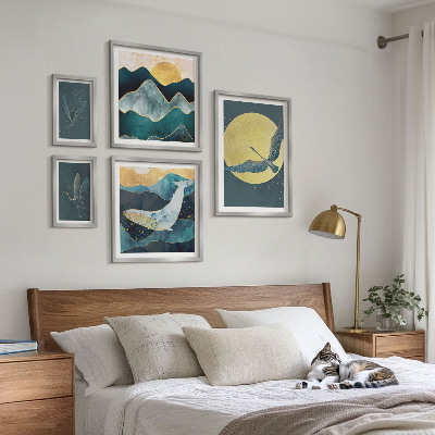 Conjunto de 5 quadros decorativos Pássaros montanhas estilo moderno