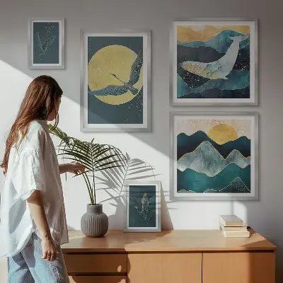 Conjunto de 5 quadros decorativos com tema de pássaros e montanhas em estilo moderno