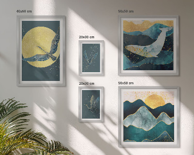 Conjunto de 5 quadros decorativos Pássaros montanhas estilo moderno