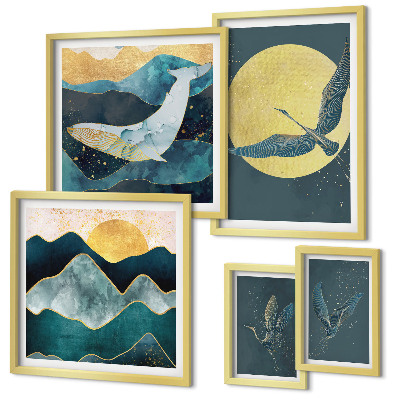 Conjunto de 5 quadros decorativos Pássaros montanhas estilo moderno