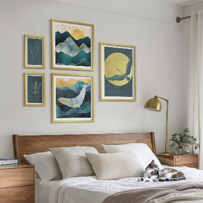 Conjunto de 5 quadros decorativos Pássaros montanhas estilo moderno