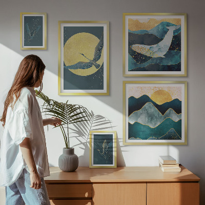 Conjunto de 5 quadros decorativos Pássaros montanhas estilo moderno