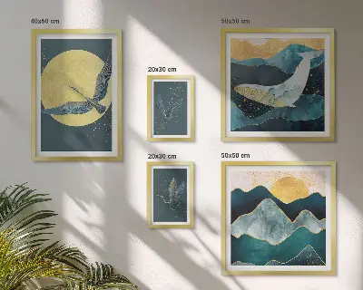 Conjunto de 5 quadros decorativos com tema de pássaros e montanhas em estilo moderno