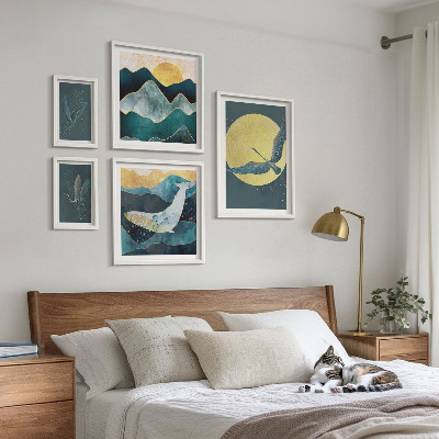 Conjunto de 5 quadros decorativos Pássaros montanhas estilo moderno