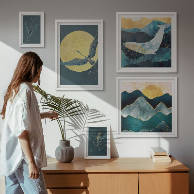 Conjunto de 5 quadros decorativos Pássaros montanhas estilo moderno