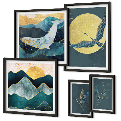 Conjunto de 5 quadros decorativos Pássaros montanhas estilo moderno