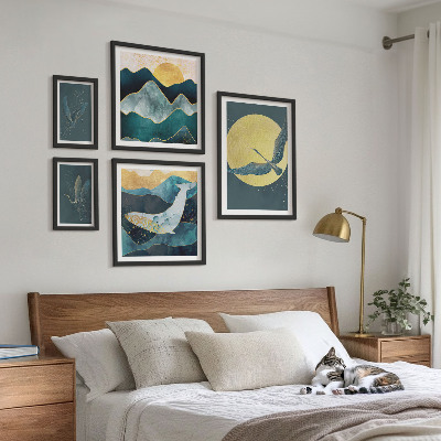 Conjunto de 5 quadros decorativos Pássaros montanhas estilo moderno
