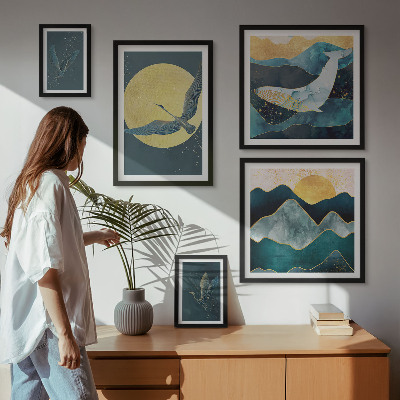 Conjunto de 5 quadros decorativos Pássaros montanhas estilo moderno