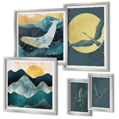 Conjunto de 5 quadros decorativos Pássaros montanhas estilo moderno