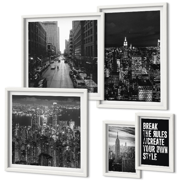 Conjunto de 5 quadros com moldura Vistas em preto e branco da cidade de Nova York
