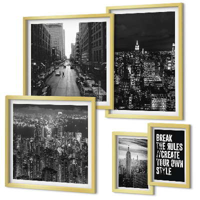 Conjunto de 5 quadros com moldura Vistas em preto e branco da cidade de Nova York