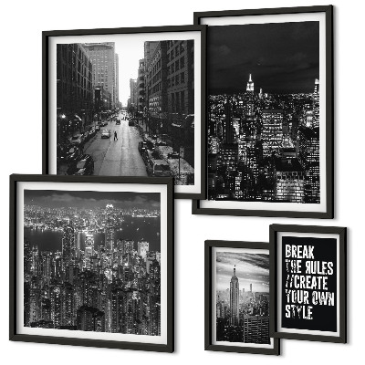 Conjunto de 5 quadros com moldura Vistas em preto e branco da cidade de Nova York