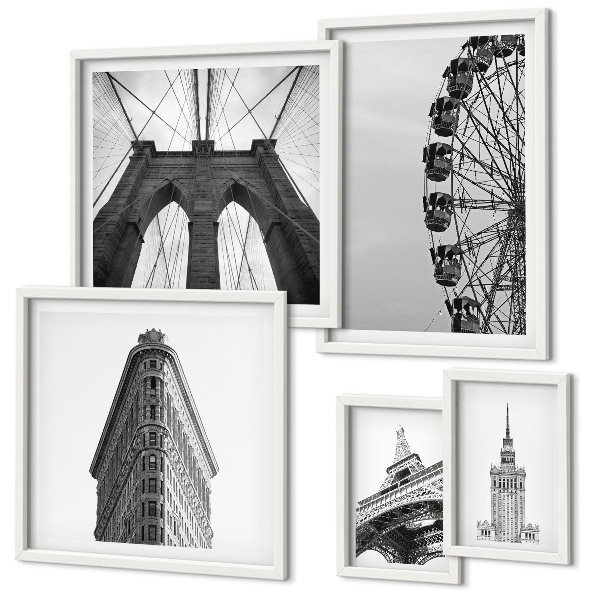 Conjunto de 5 quadros decorativos arquitetura metropolitana em preto e branco