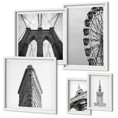 Conjunto de 5 quadros decorativos arquitetura metropolitana em preto e branco