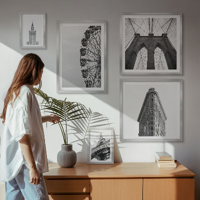 Conjunto de 5 quadros decorativos arquitetura metropolitana em preto e branco