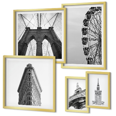 Conjunto de 5 quadros decorativos arquitetura metropolitana em preto e branco